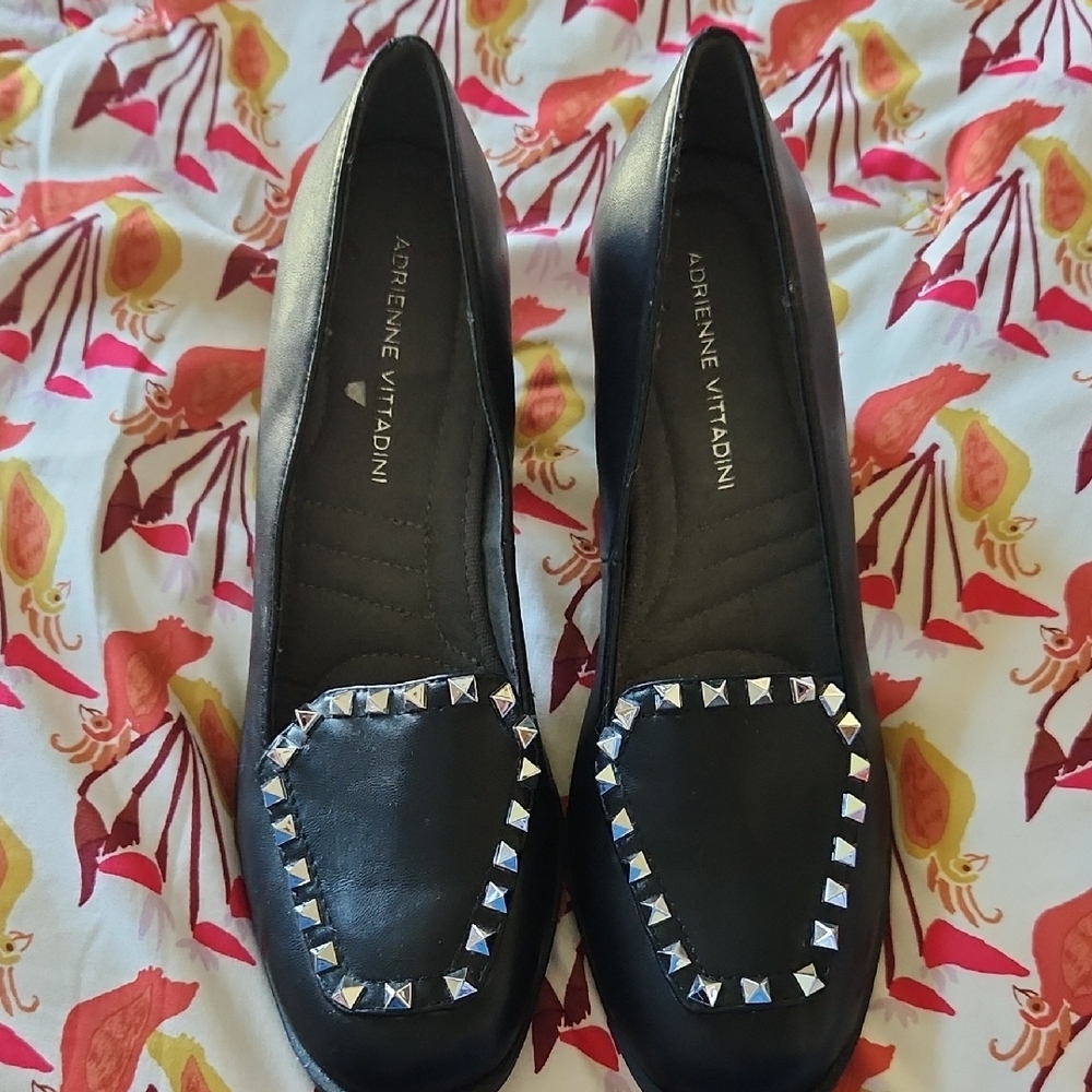 Adrienne Vittadini Vanter Black Studded block‎ heels, size 8